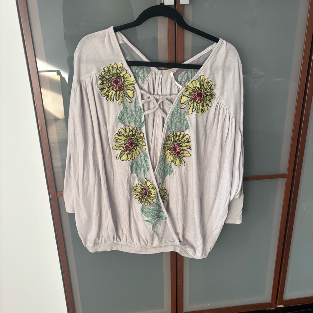 Free People Light Gray Blouse with Yellow Floral Embroidery